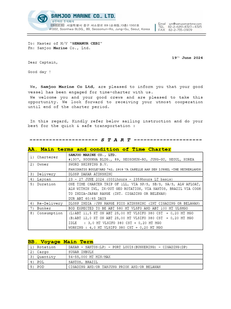 Time Charter Agreement for M/V SENANUR CEBI | PDF | Shipping