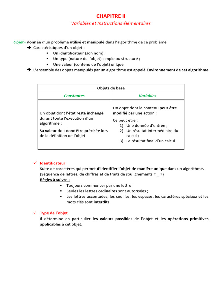 CHAPITRE II Variables Et Instructions Élémentaires | PDF | Variable ...