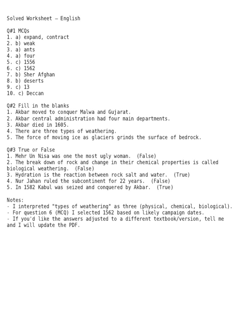Solved English Worksheet Answers | PDF