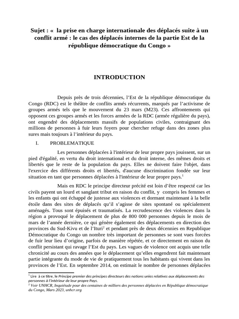 Prise en charge des déplacés en RDC | PDF | Déplacés internes ...