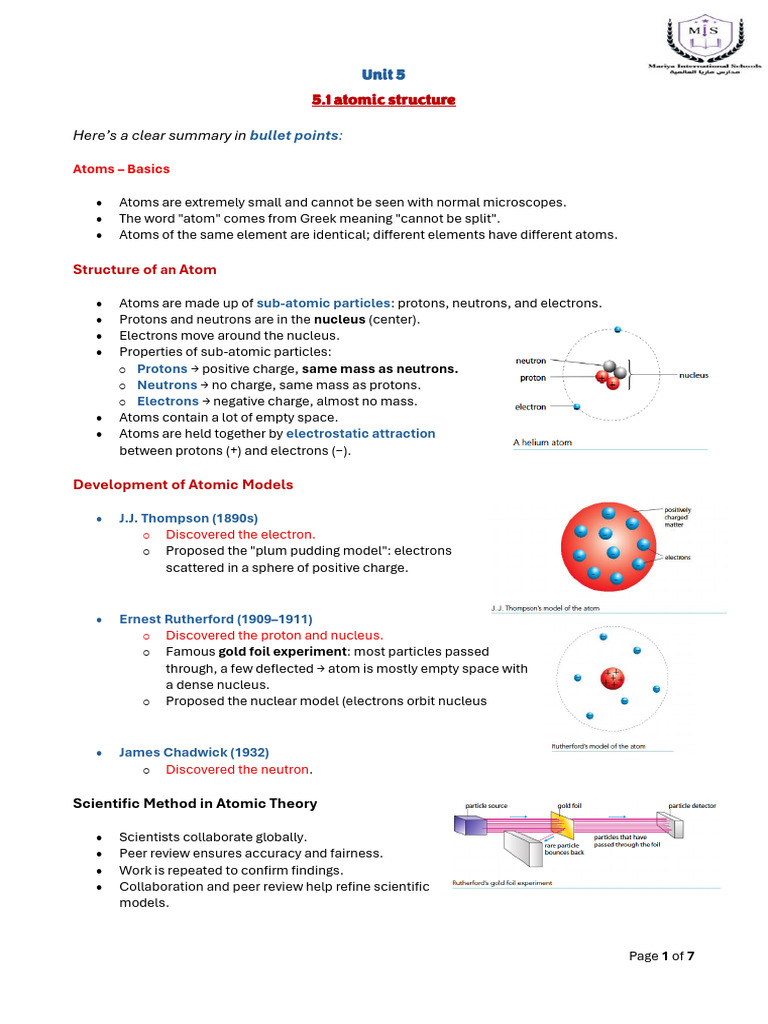 S8-Unit 5 - Summary of Key Points | PDF | Atoms | Atomic Nucleus