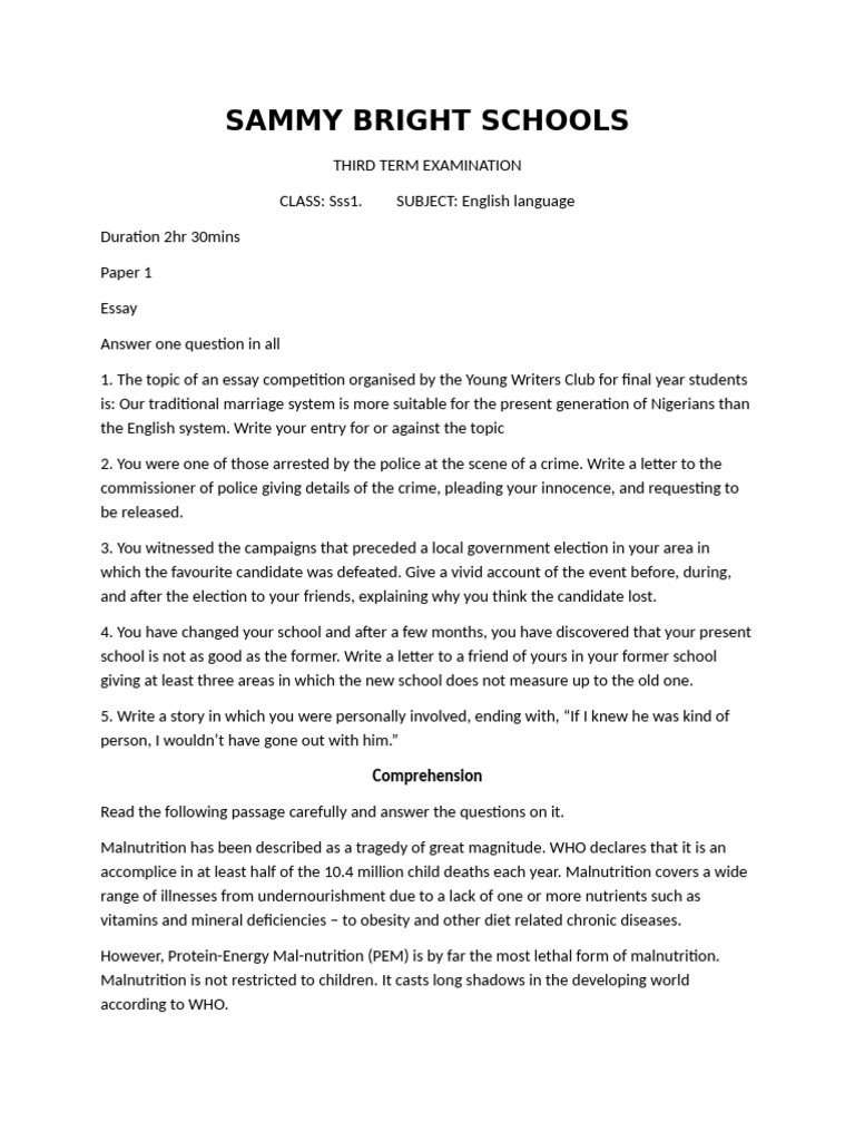 SSS1 English Exam: Essay & Comprehension | PDF | Malnutrition