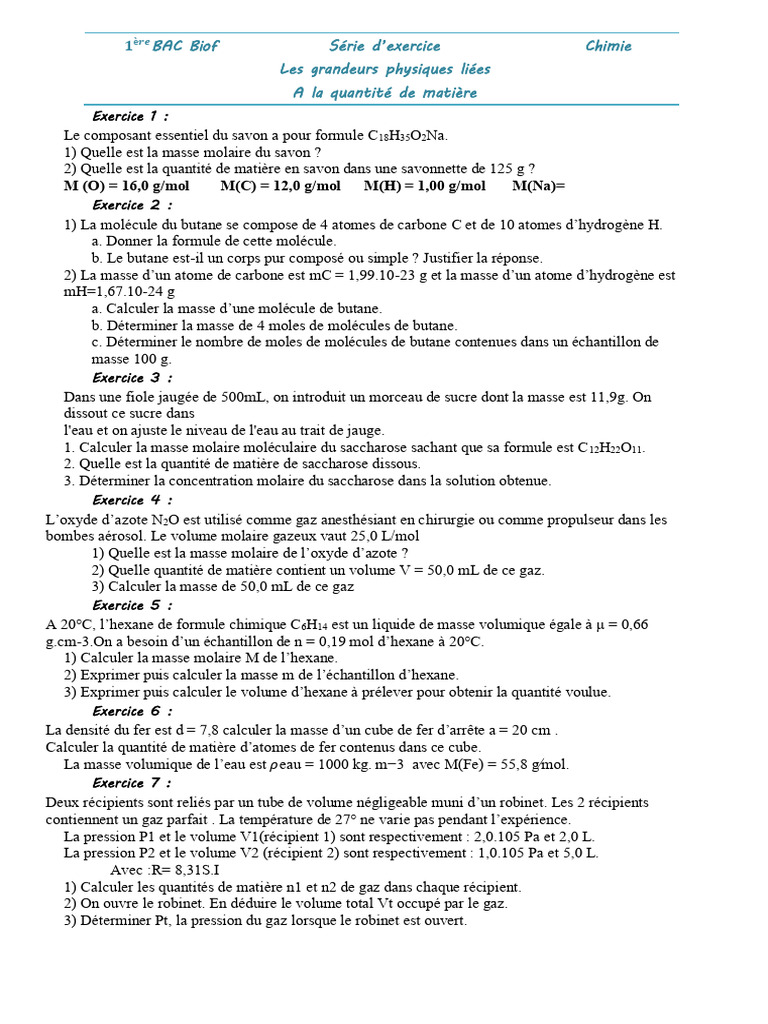 Exercices sur la quantité de matière en chimie | PDF | Mole (unité) | Masse