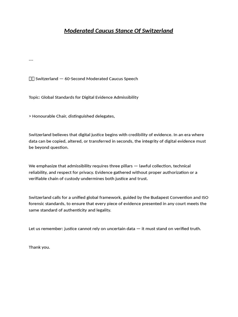 Moderated Caucus Stance of Switzerland | PDF