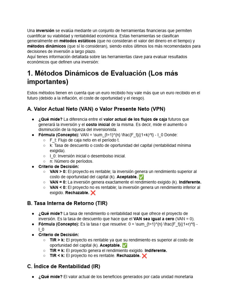 Métodos de Evaluación de Inversiones Financieras | PDF | Tasa interna ...