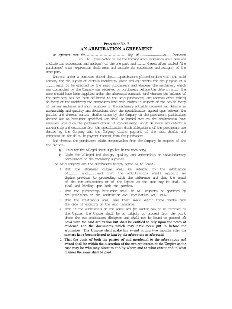 Arbitration Agreement for Machinery Claims | PDF | Arbitral Tribunal ...