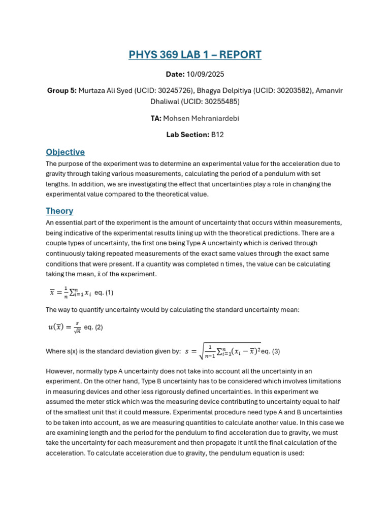 Final Lab 2 | PDF | Pendulum | Observational Error