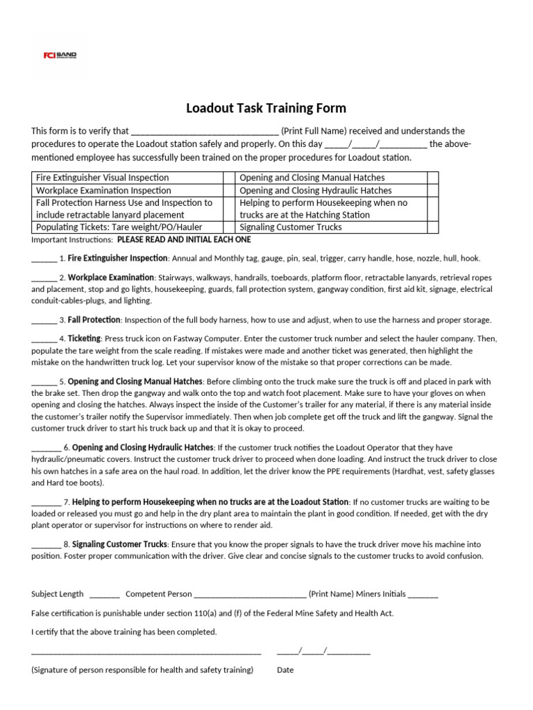 Loadout Station Task Training Form | PDF | Truck Driver