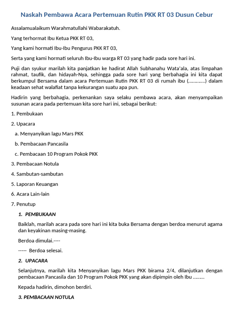 Naskah Acara Pertemuan Rutin PKK RT 03 | PDF