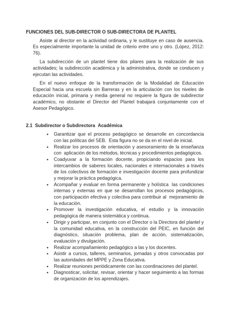 Funciones del Subdirector Escolar | PDF | Enseñando | Maestros