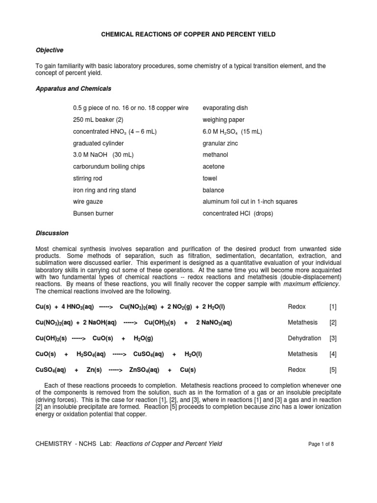 Chemical Reactions of Copper and Percent Yield PDF Chemical