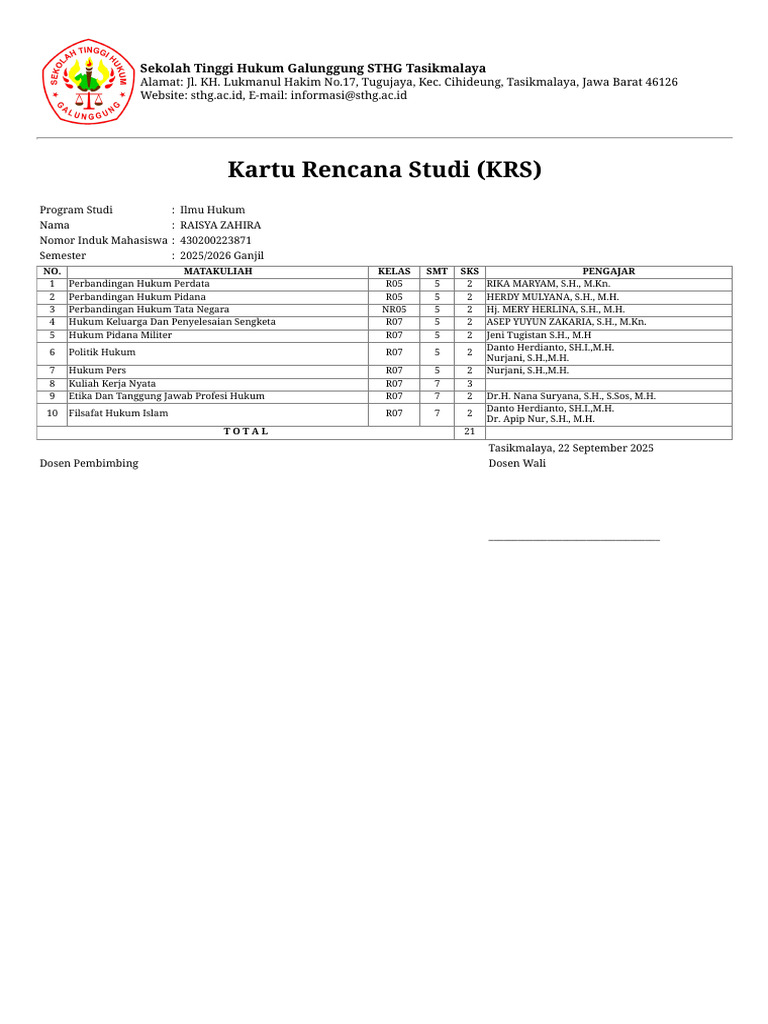 KRS Ilmu Hukum STHG Tasikmalaya 2025 | PDF