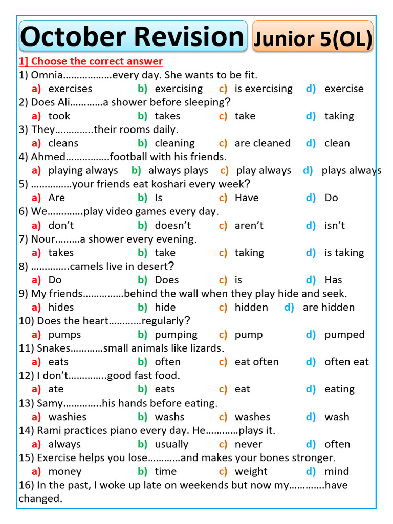 Junior 5 October Revision Exercises | PDF | Foods