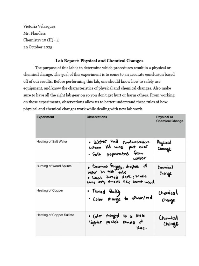 Physical vs. Chemical Changes Lab Report | PDF | Chemical Substances ...