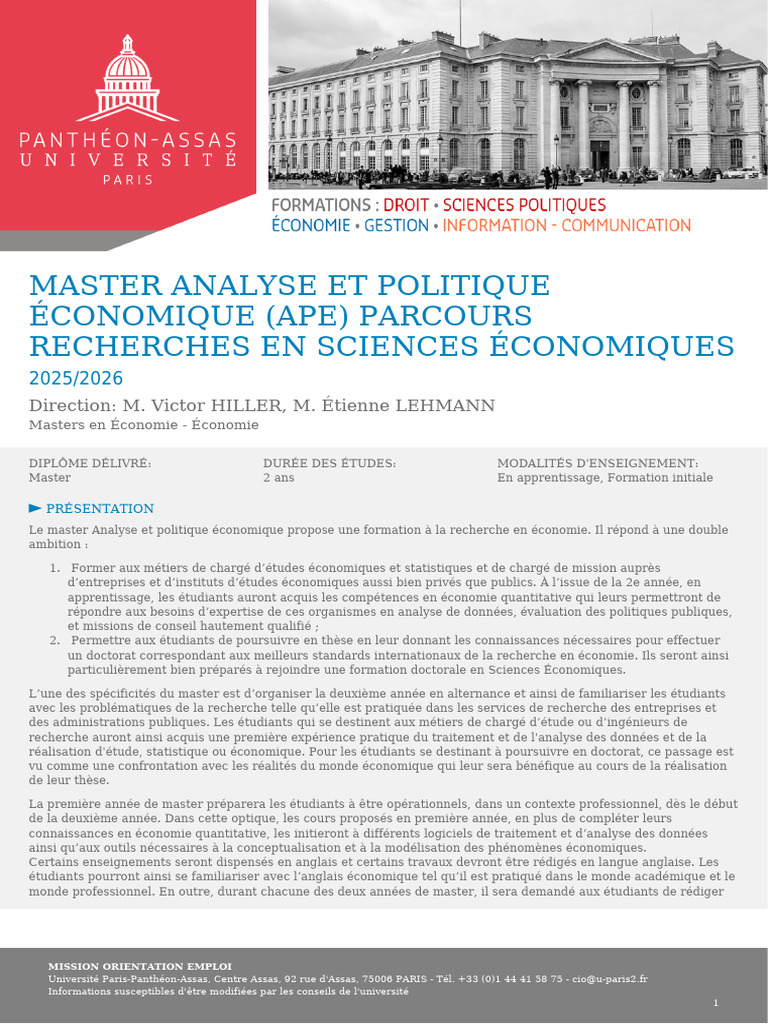 Master APE : Économie et Recherche 2025-2026 | PDF | Économie | Économétrie