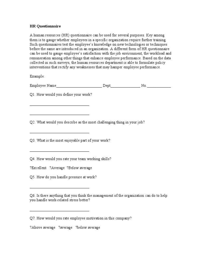 42296222 HR Questionnaire Samples Survey Methodology Employment