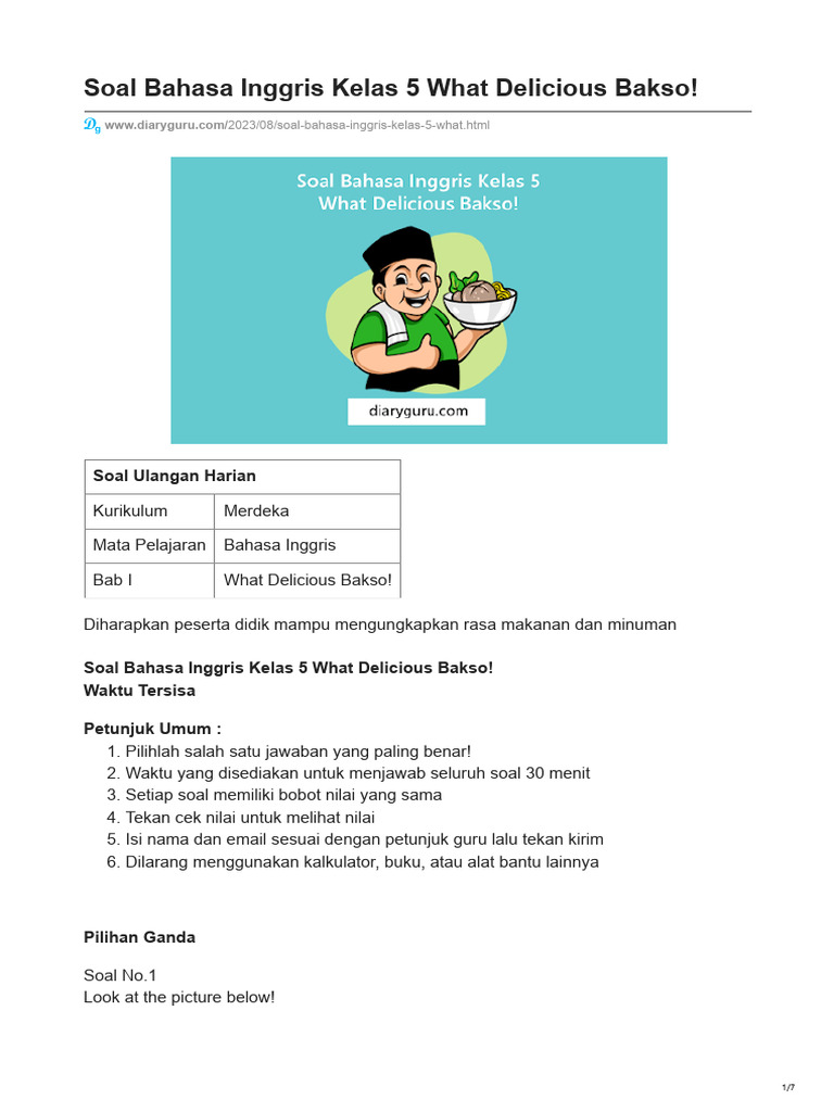 Soal Bahasa Inggris Kelas 5: Rasa Makanan | PDF | Taste | Senses
