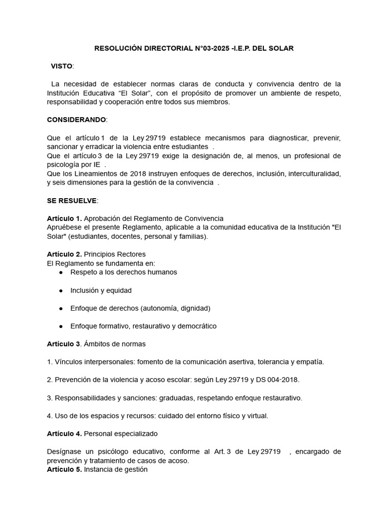 Normas de Convivencia Escolar | PDF | Violencia