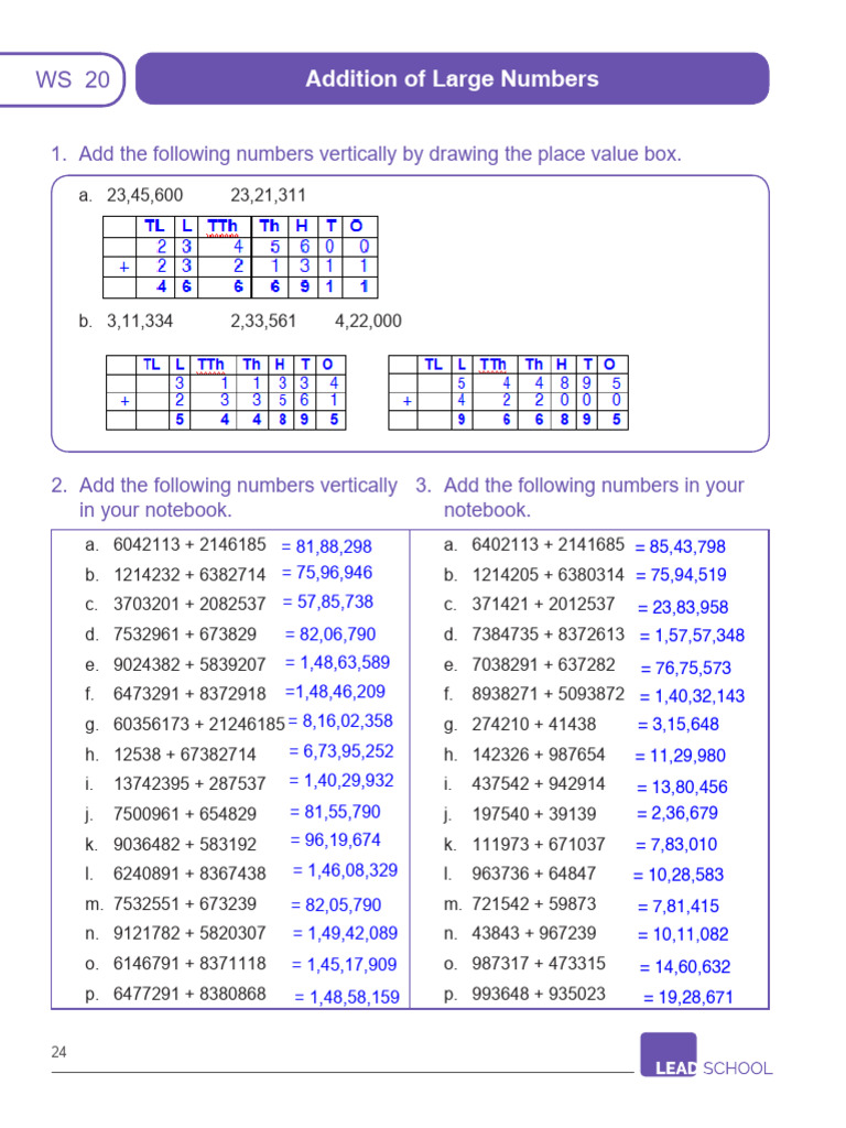 Adding Large Numbers Practice | PDF