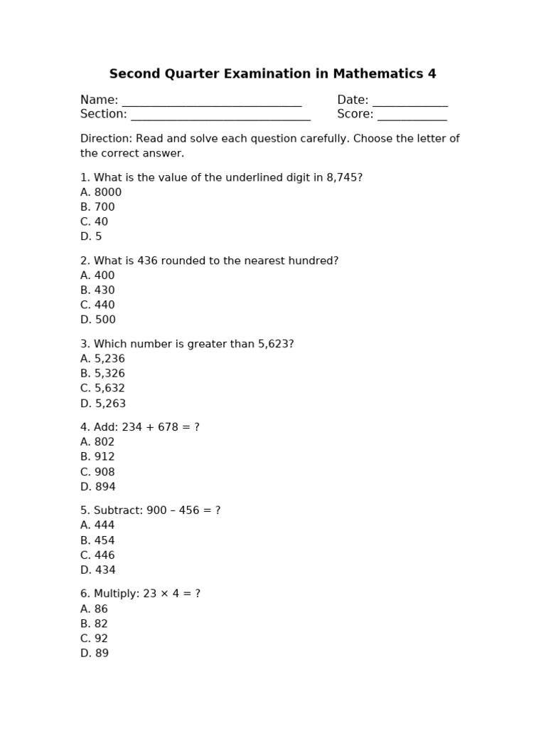 Math 4 Second Quarter Exam Questions | PDF | Digestion | Planets
