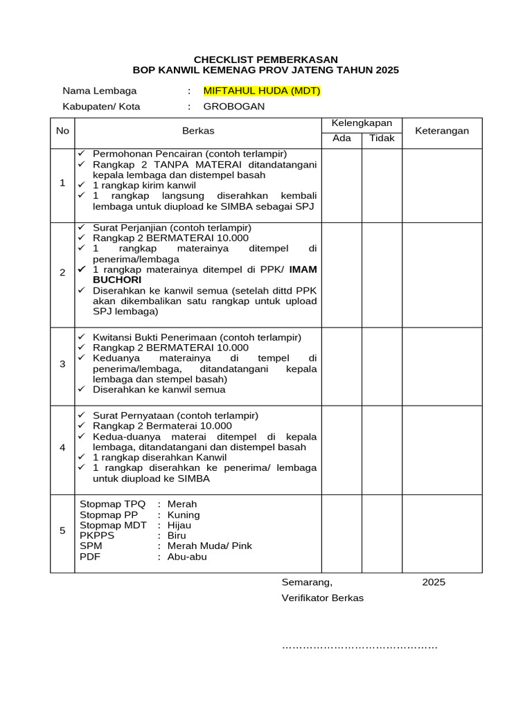 Checklist Pemberkasan BOP 2025 MDT | PDF