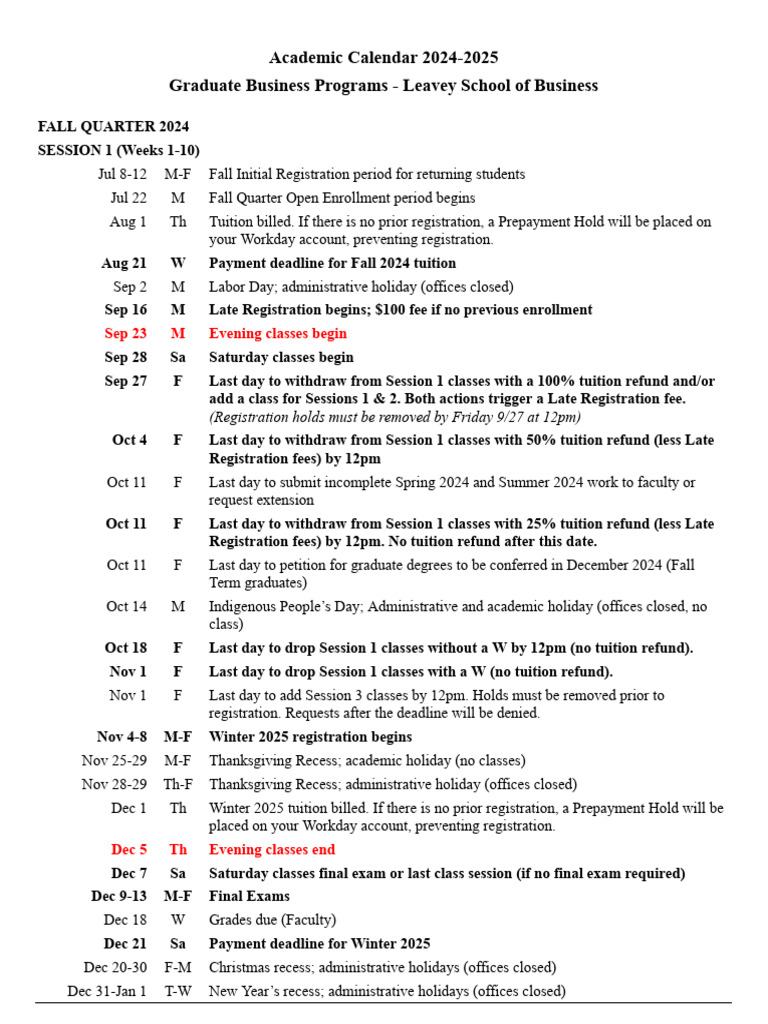 2024-2025 Graduate Academic Calendar | PDF | Fee | Tuition Payments
