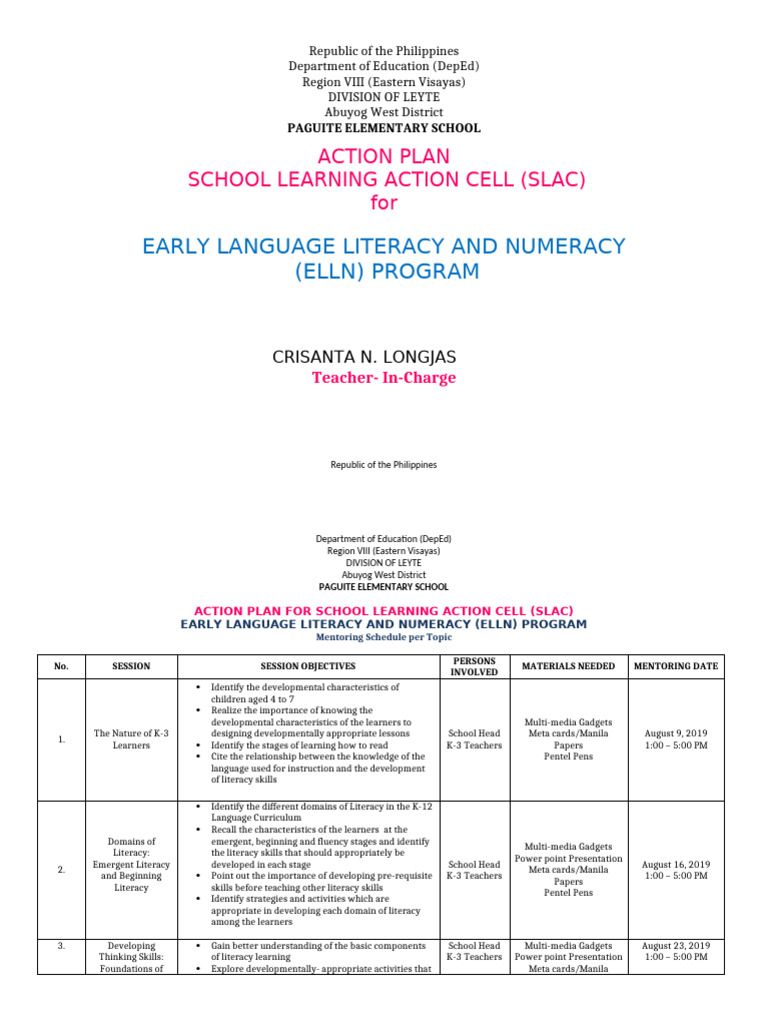 SLAC Action Plan for Early Literacy Program | PDF | Educational ...