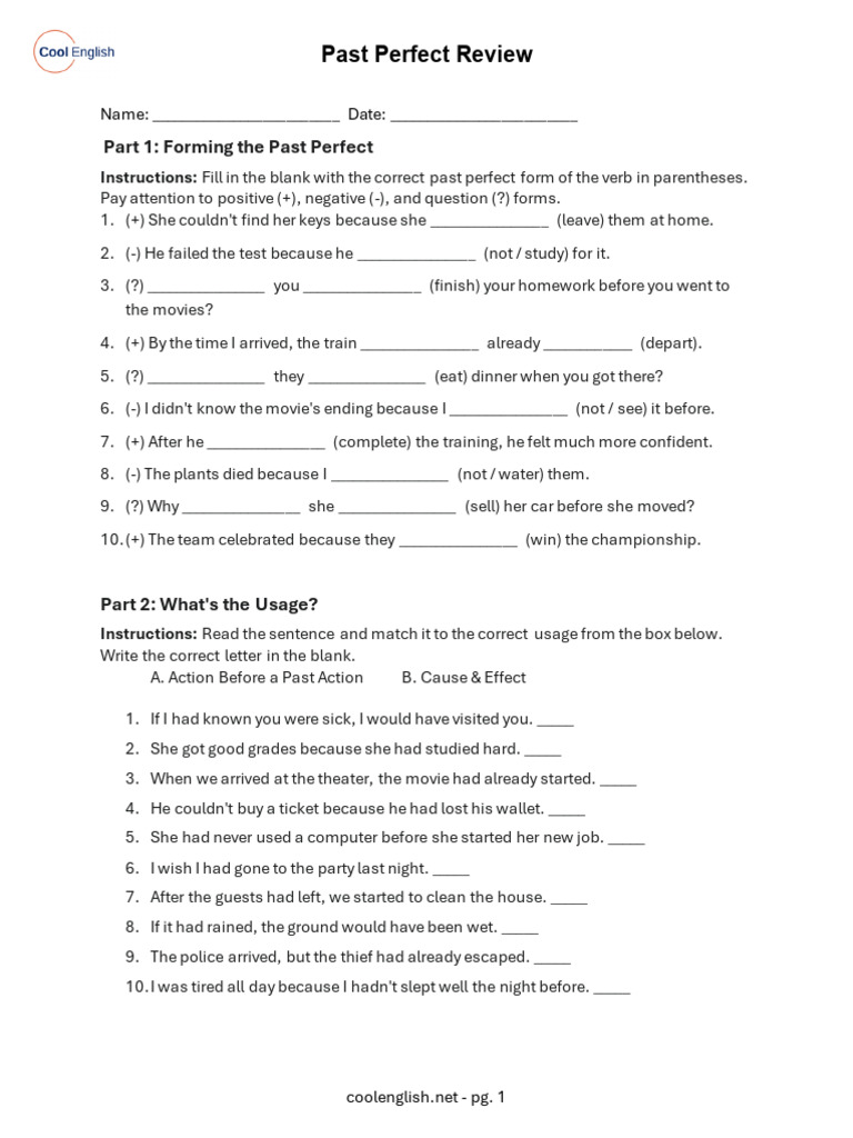 Past Perfect Tense Practice Worksheet | PDF