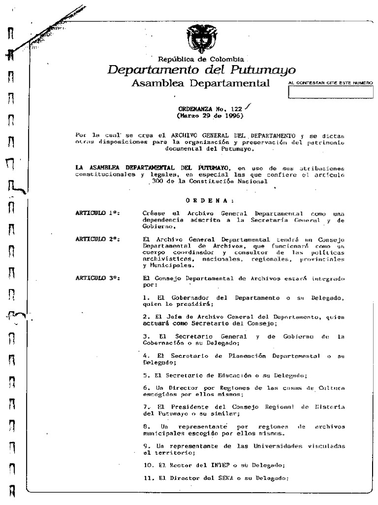 Ordenanza 122 Marzo 29 de 1996 Crea Oficina Archivo Dptal | PDF