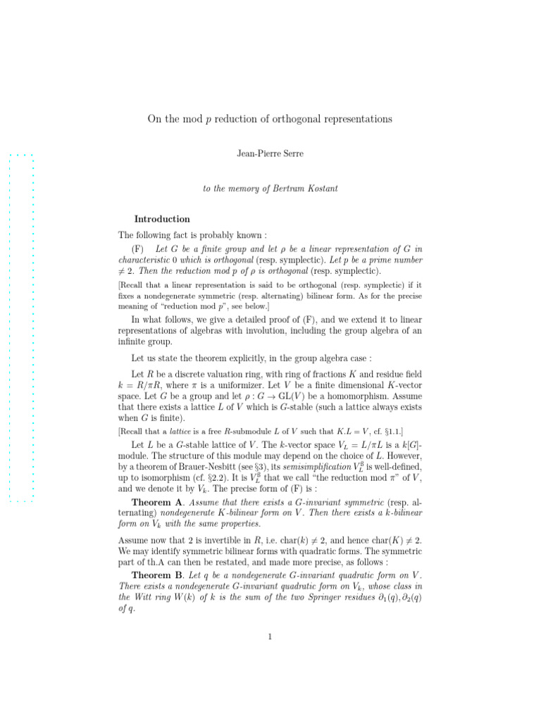 Mod p Reduction of Orthogonal Representations | PDF | Mathematical ...