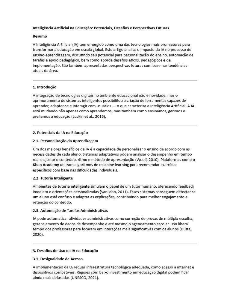 IA na Educação: Potenciais e Desafios | PDF | Inteligência artificial ...