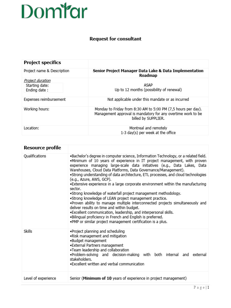 Senior IT Project Manager for Data Lake | PDF | Project Management ...
