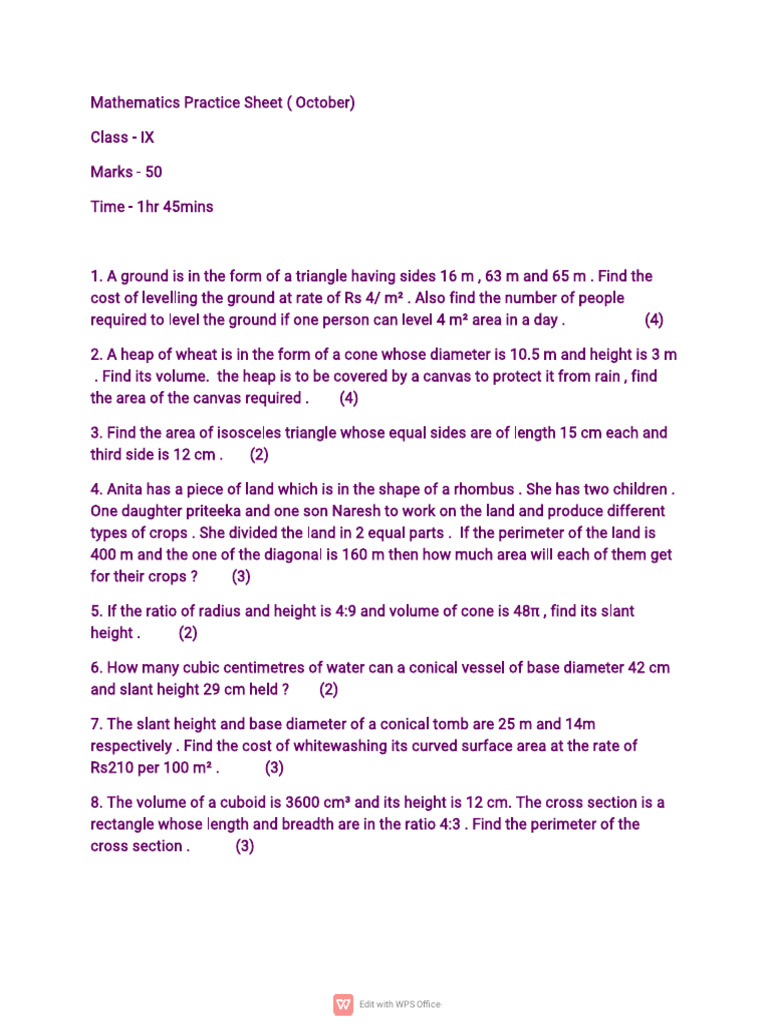 Class IX Mathematics Practice Sheet | PDF | Area | Volume