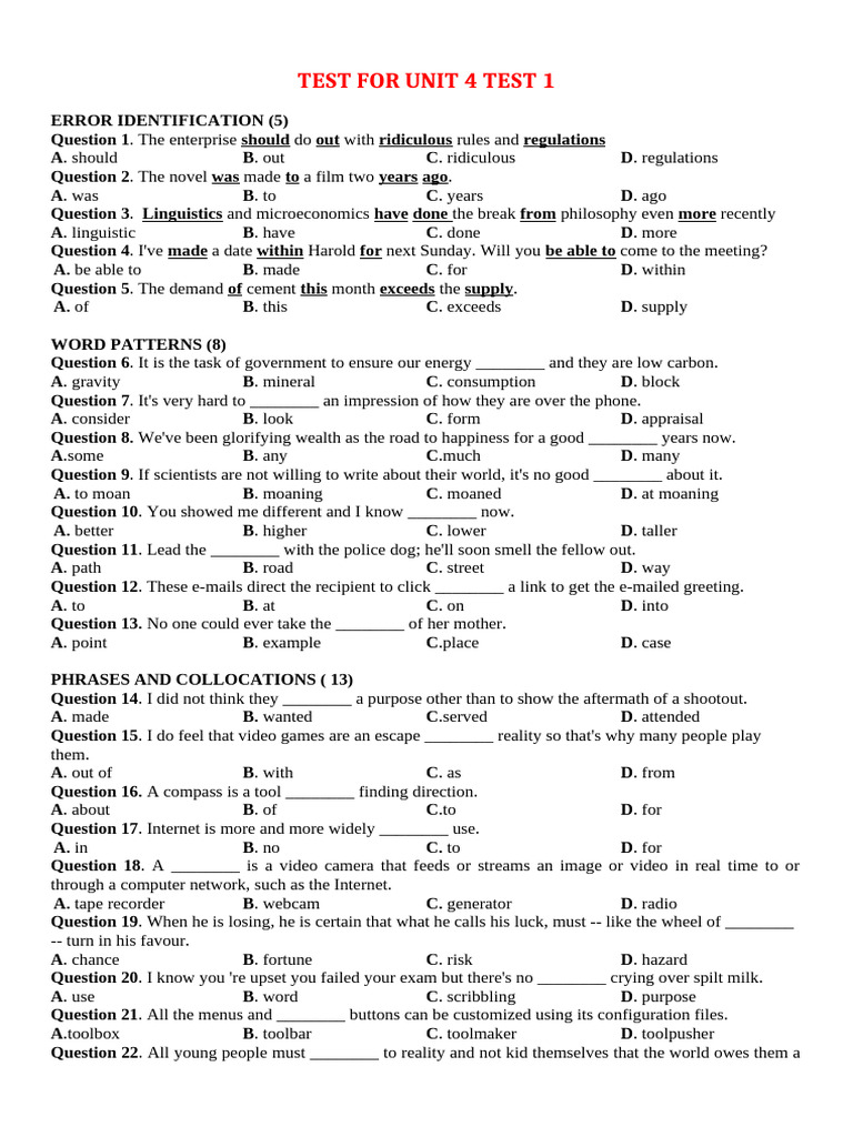TEST C2 UNIT 4 Đề Số 1 | PDF