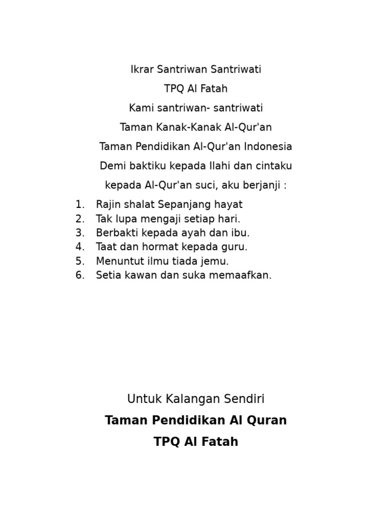 Ikrar Santri TPQ Al Fatah Mojokerto | PDF