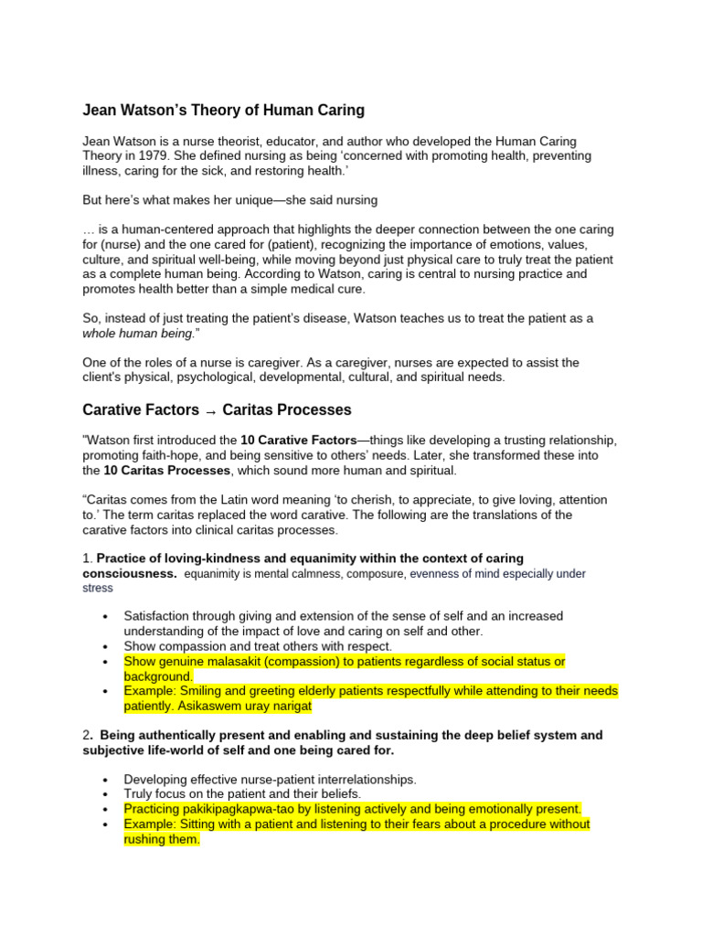 Watson's Human Caring Theory (Script) | PDF | Nursing | Well Being