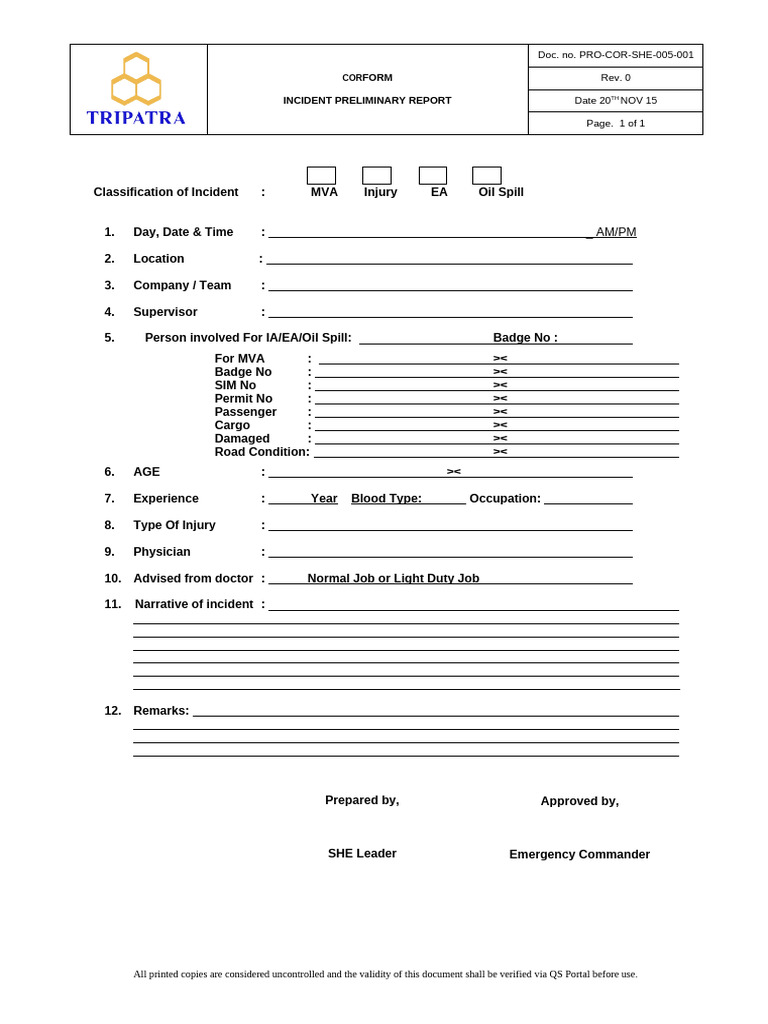 FORM PRO COR SHE 005 001 Incident Preliminary Report | PDF | Chess ...