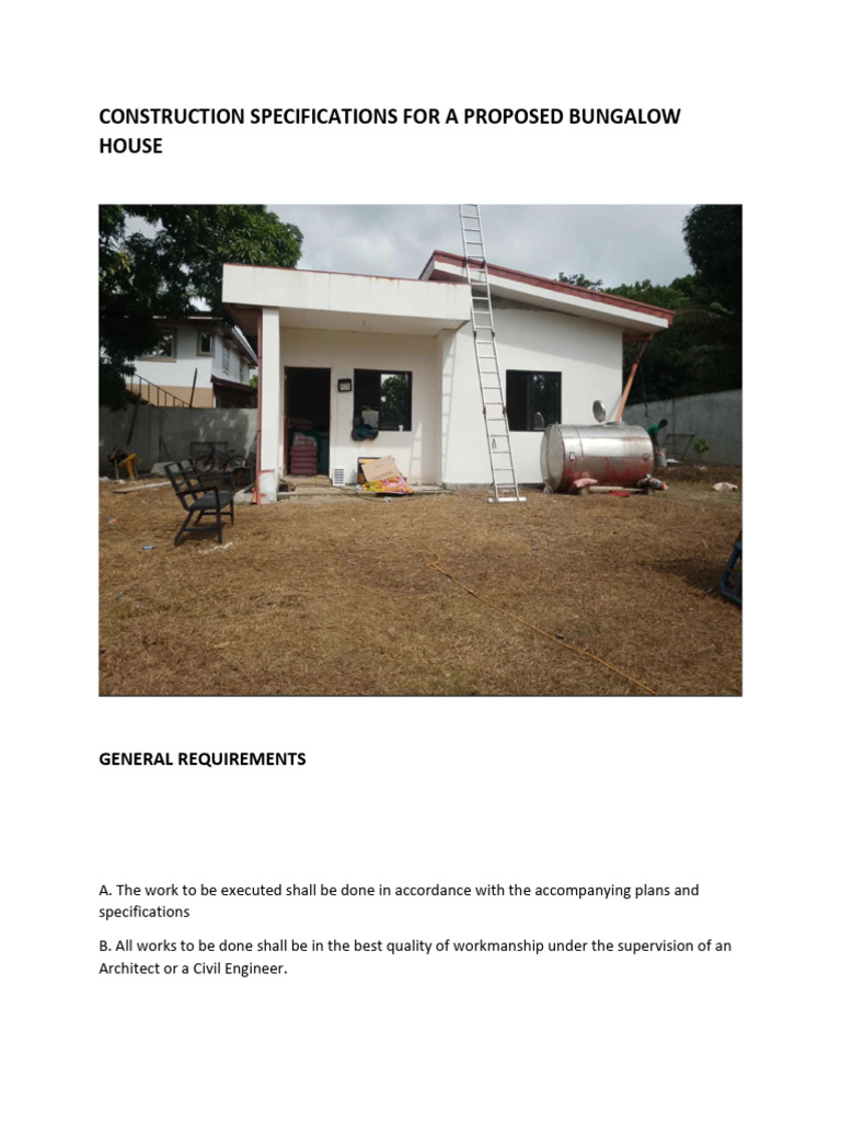 Bungalow Construction Specifications | PDF | Concrete | Construction ...