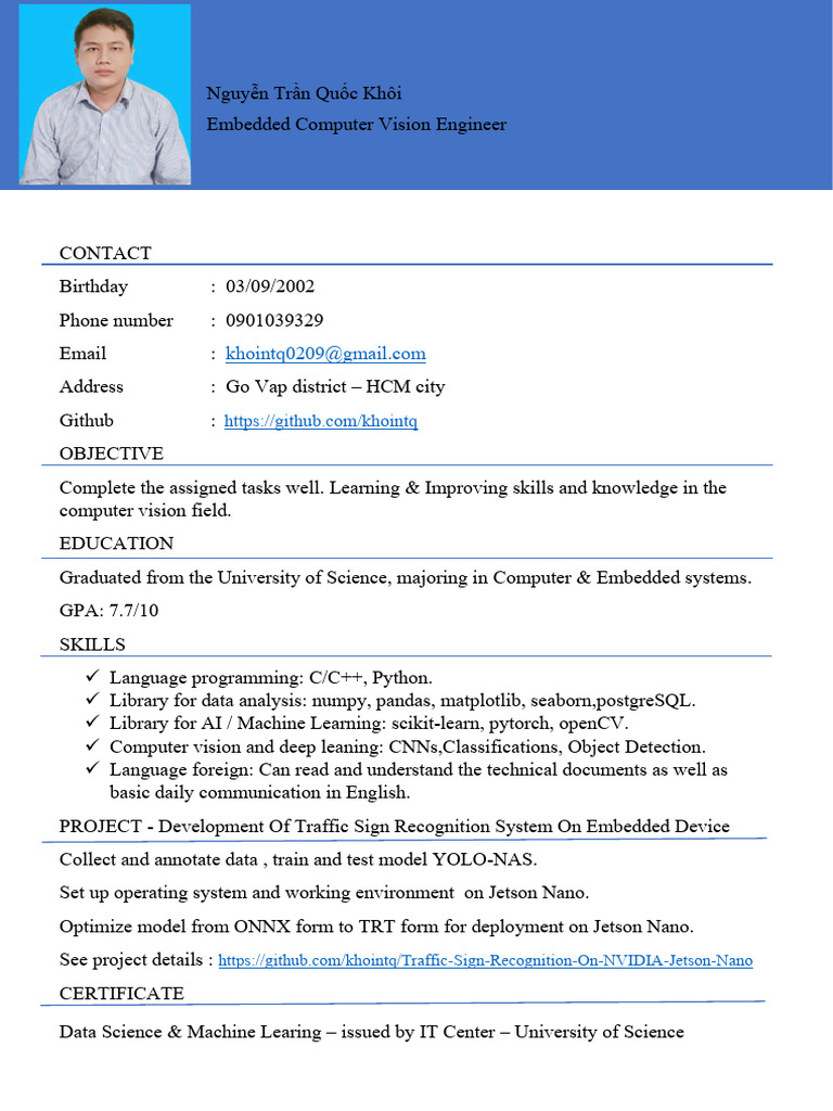 CV EmbeddedComputerVisionEngineer NguyenTranQuocKhoi View | PDF