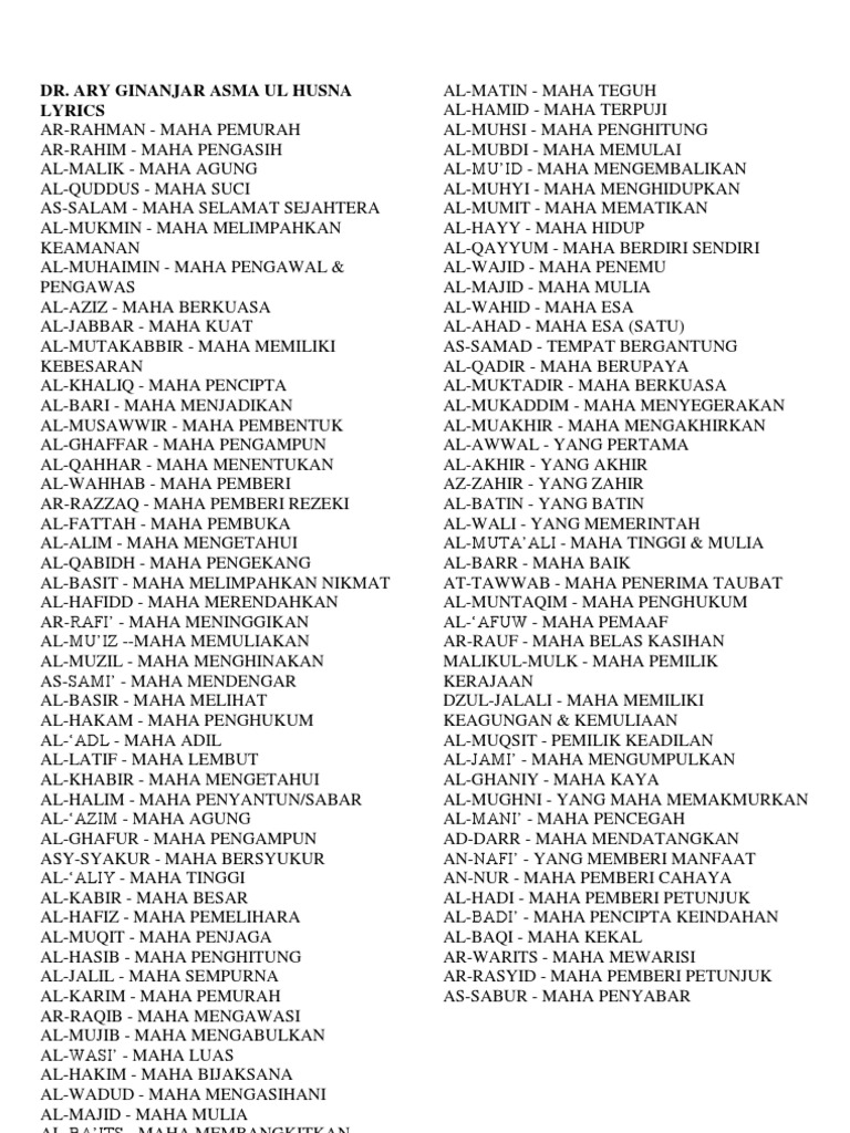 Lirik Asmaul Husna Dr Ari Ginanjar