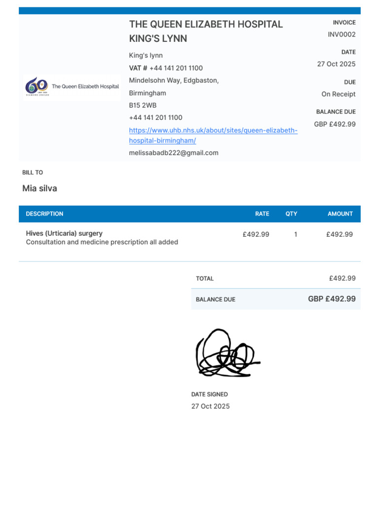 Queen Elizabeth Hospital Invoice Details | PDF