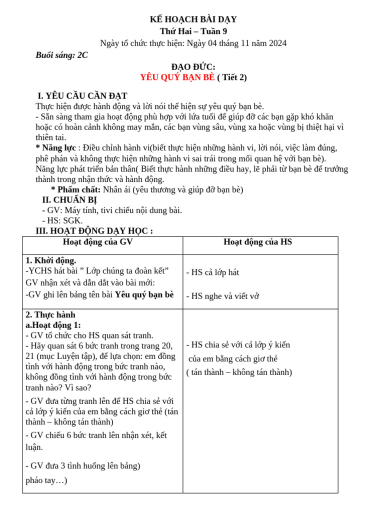 Kế Hoạch Bài Dạy Tuần 9 | PDF
