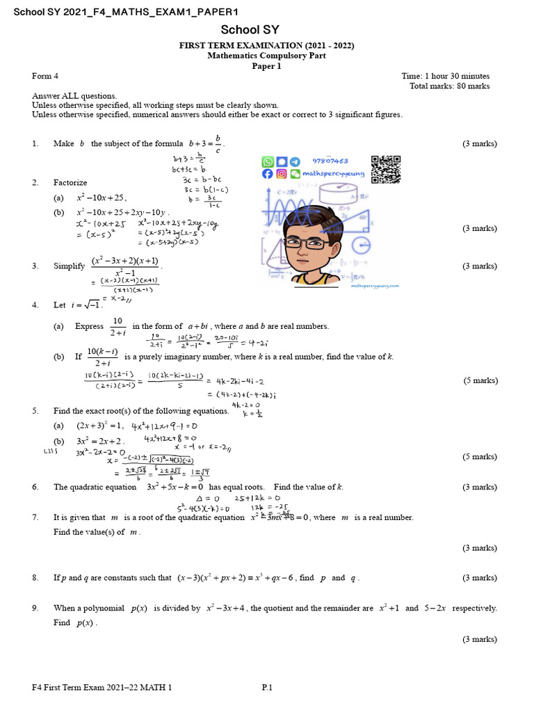 School-Sy-2021 f4 Maths Exam1 Paper1 | PDF | Quadratic Equation ...