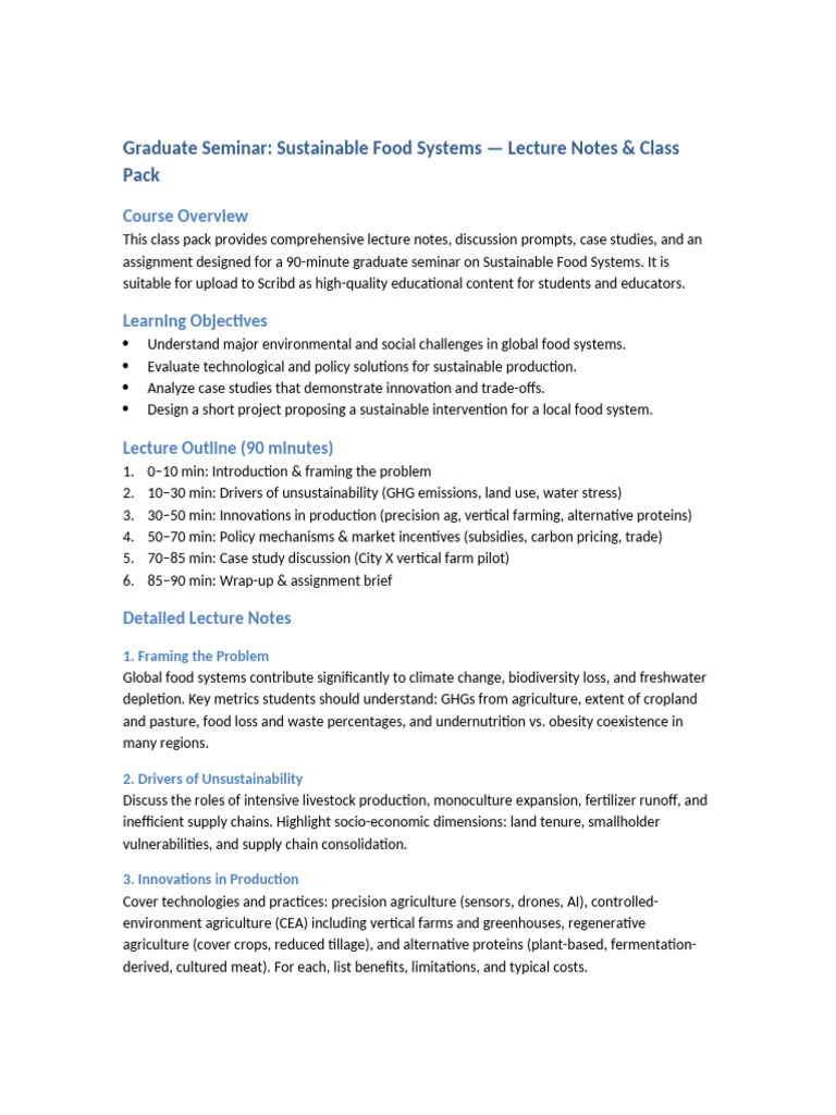 Sustainable Food Systems Seminar Notes | PDF | Agriculture | Sustainability