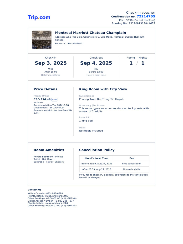 Montreal Marriott Check-in Voucher | PDF | Hotel | Fee