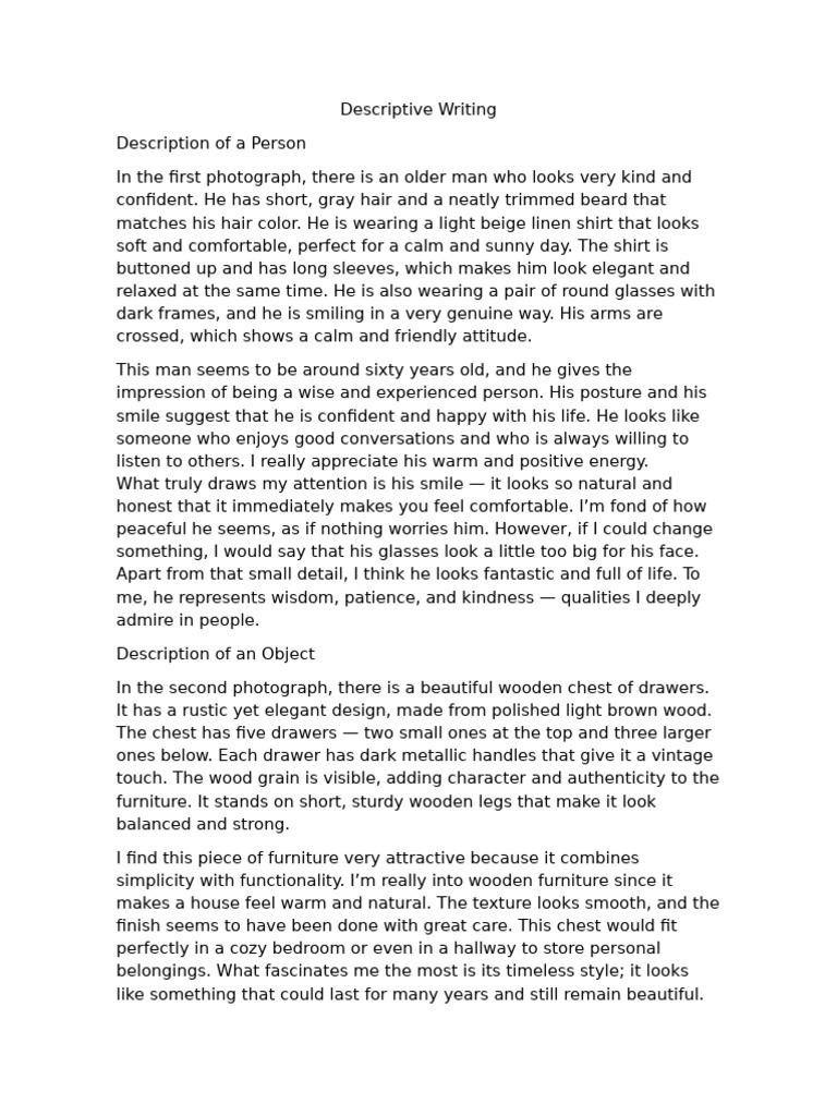Descriptive Writing: Person & Object Analysis | PDF | Fashion