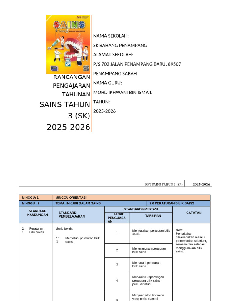 RPT Sains Tahun 3 SK 2025-2026 | PDF