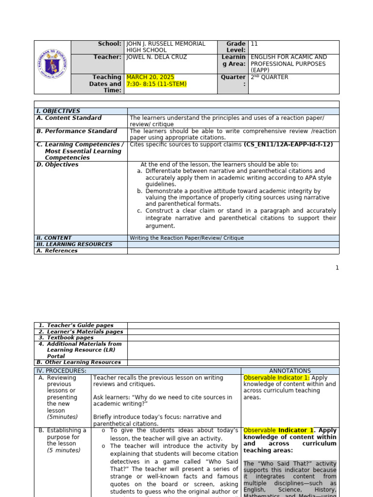 LESSON PLAN Jowel For Demo | PDF | Citation | Learning