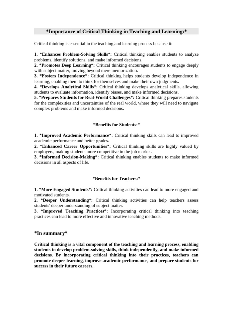 Critical Thinking in Education Benefits | PDF