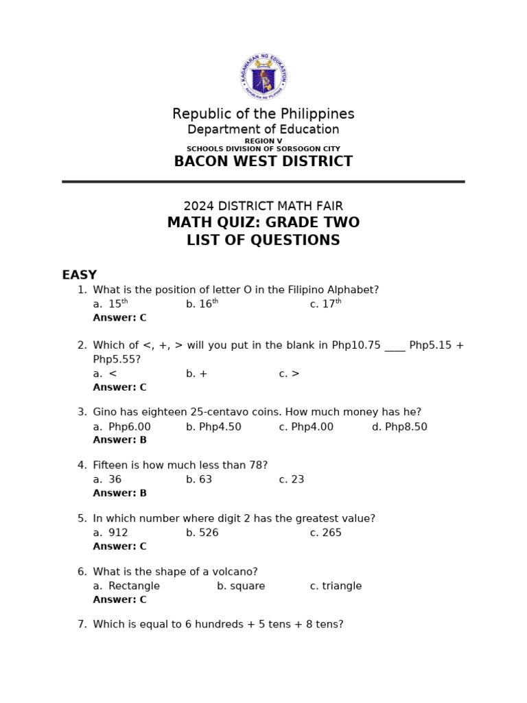 Grade 2 Math Fair Quiz Questions | PDF